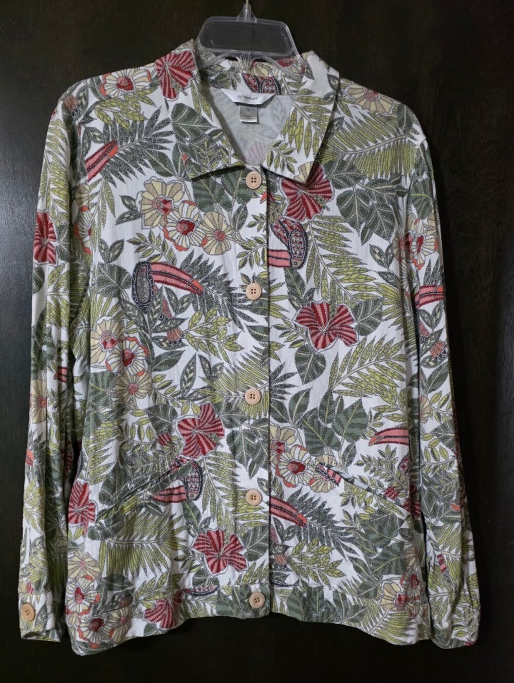CJ Banks Multicolor Floral Button Front Jacket Tropical Linen Blend